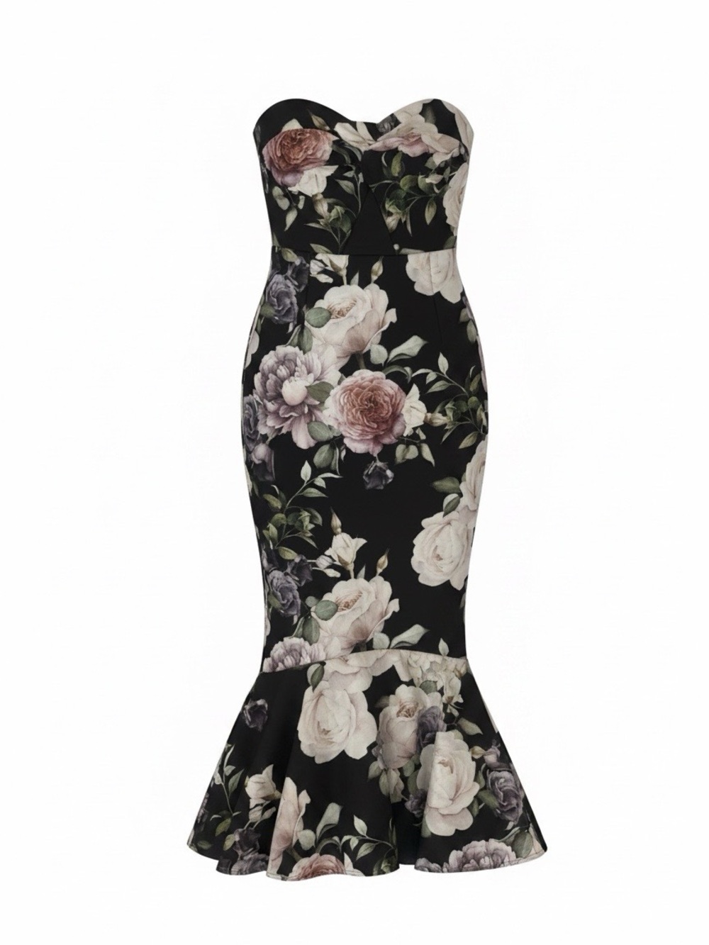 ASOS Black Strapless Floral Mermaid Dress with Blush and Cream Roses